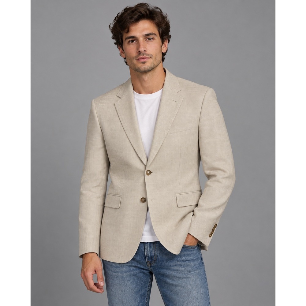 Jos A Bank Mens 42R Blazer Tan Beige Cotton Wool Houndstooth Sport Coat 01216